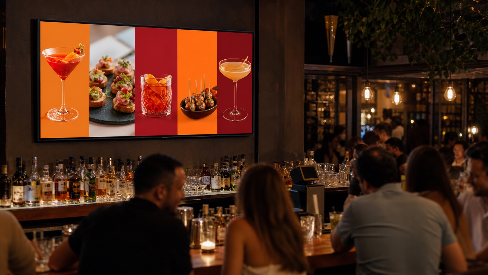TV em um bar exibindo conteúdo noturno com fotos de drinques e petiscos