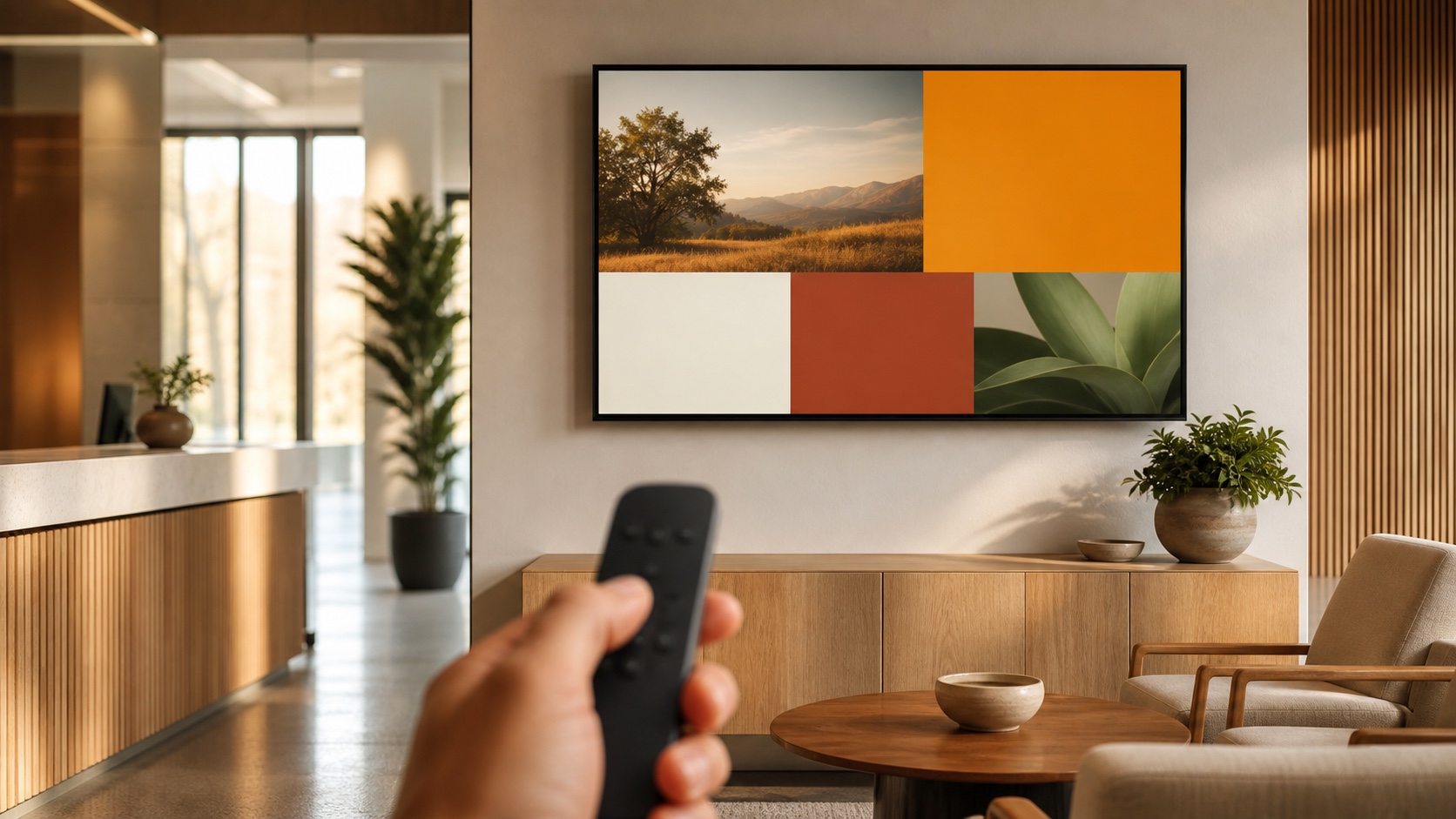 Televisão instalada na recepção de um estabelecimento exibindo conteúdo em tela cheia, com um controle remoto de Google TV em primeiro plano