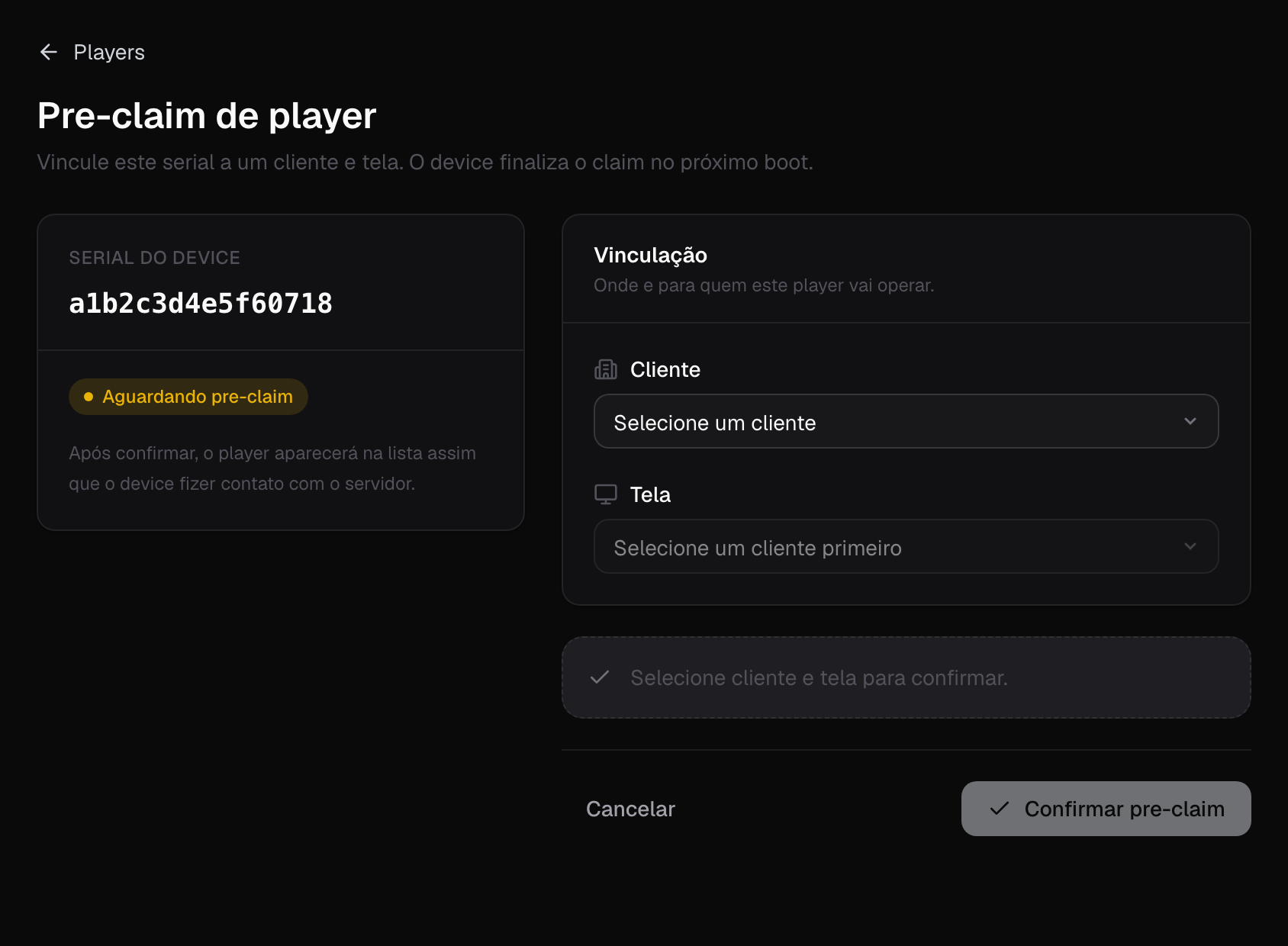 Página de vínculo aberta pelo QR Code, mostrando o identificador do aparelho, o aviso de aguardando vínculo e a escolha da tela