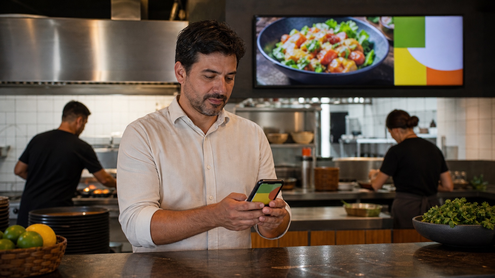 Gerente de restaurante corrigindo um preço pelo celular atrás do balcão, com a tela do salão ao fundo