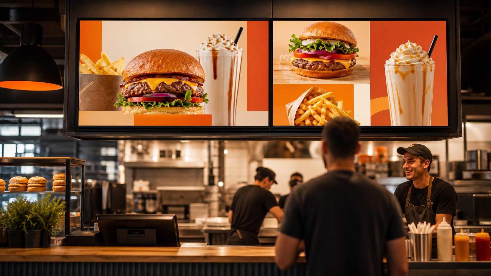 Duas TVs acima do balcão de uma hamburgueria exibindo o cardápio digital com fotos dos lanches
