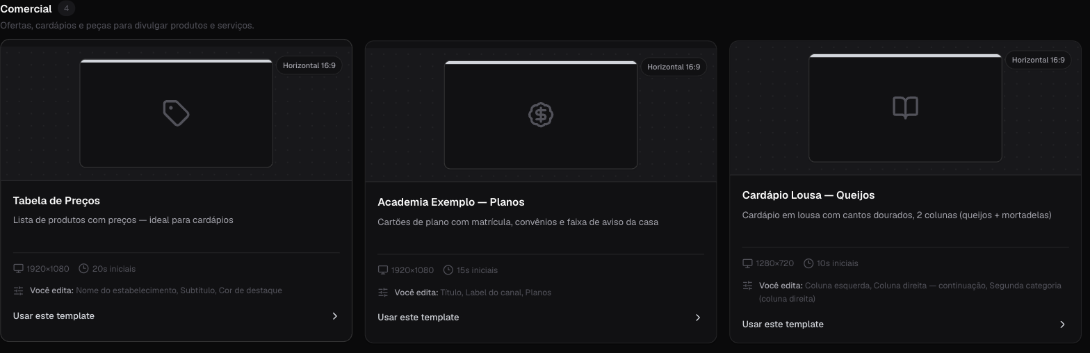 Modelos prontos de cardápio na CriaTv: Tabela de Preços e cardápio em lousa, com formato e duração indicados
