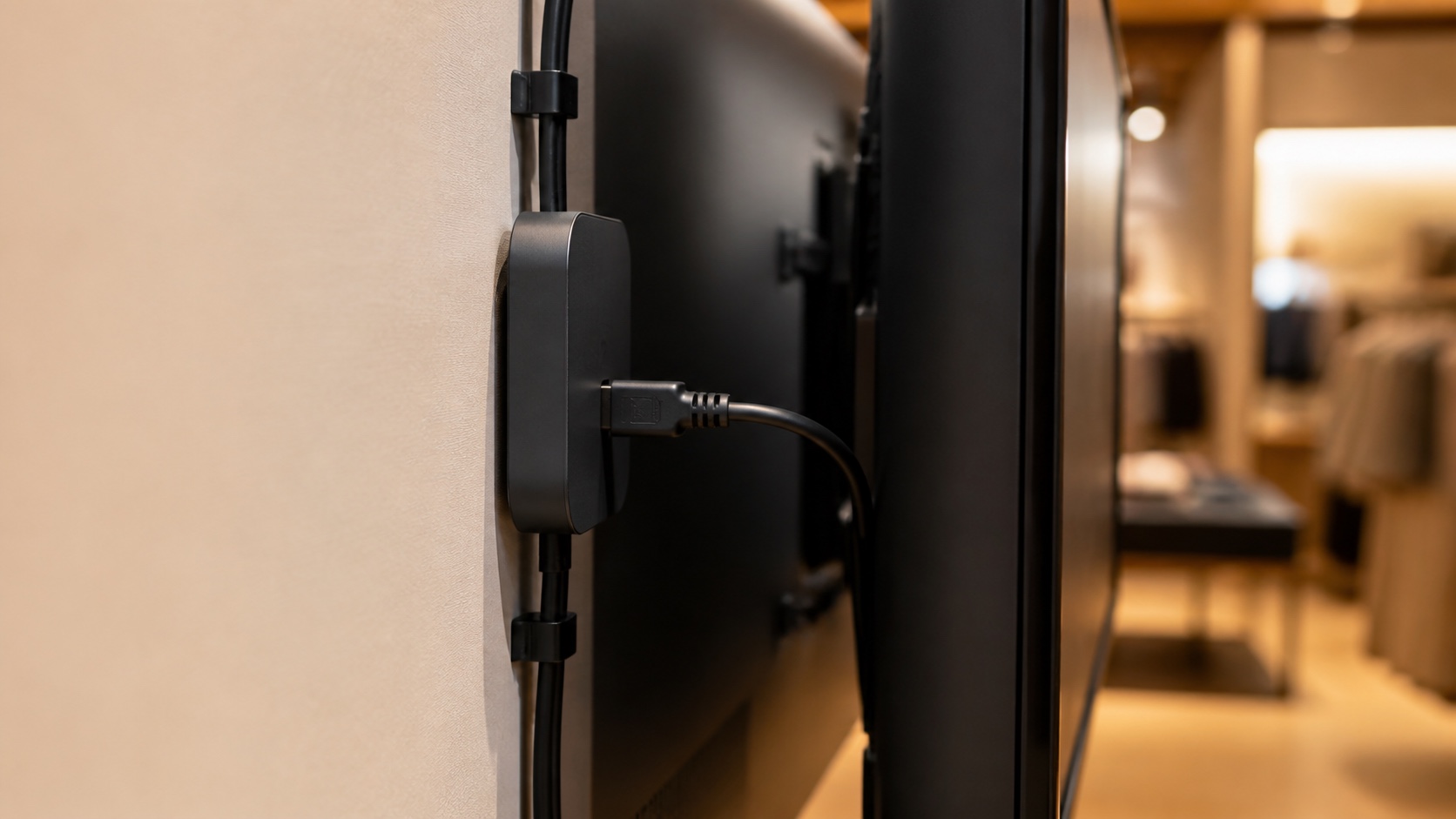Player de mídia instalado atrás da TV, ligado por cabo HDMI, com os cabos organizados