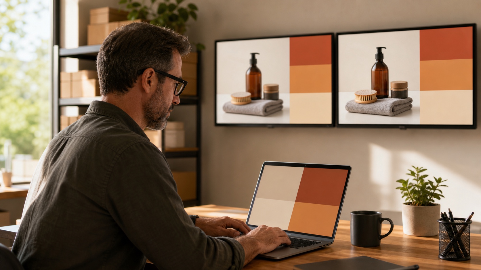 Pessoa publicando uma campanha pelo notebook em um escritório, com duas telas na parede exibindo a mesma oferta