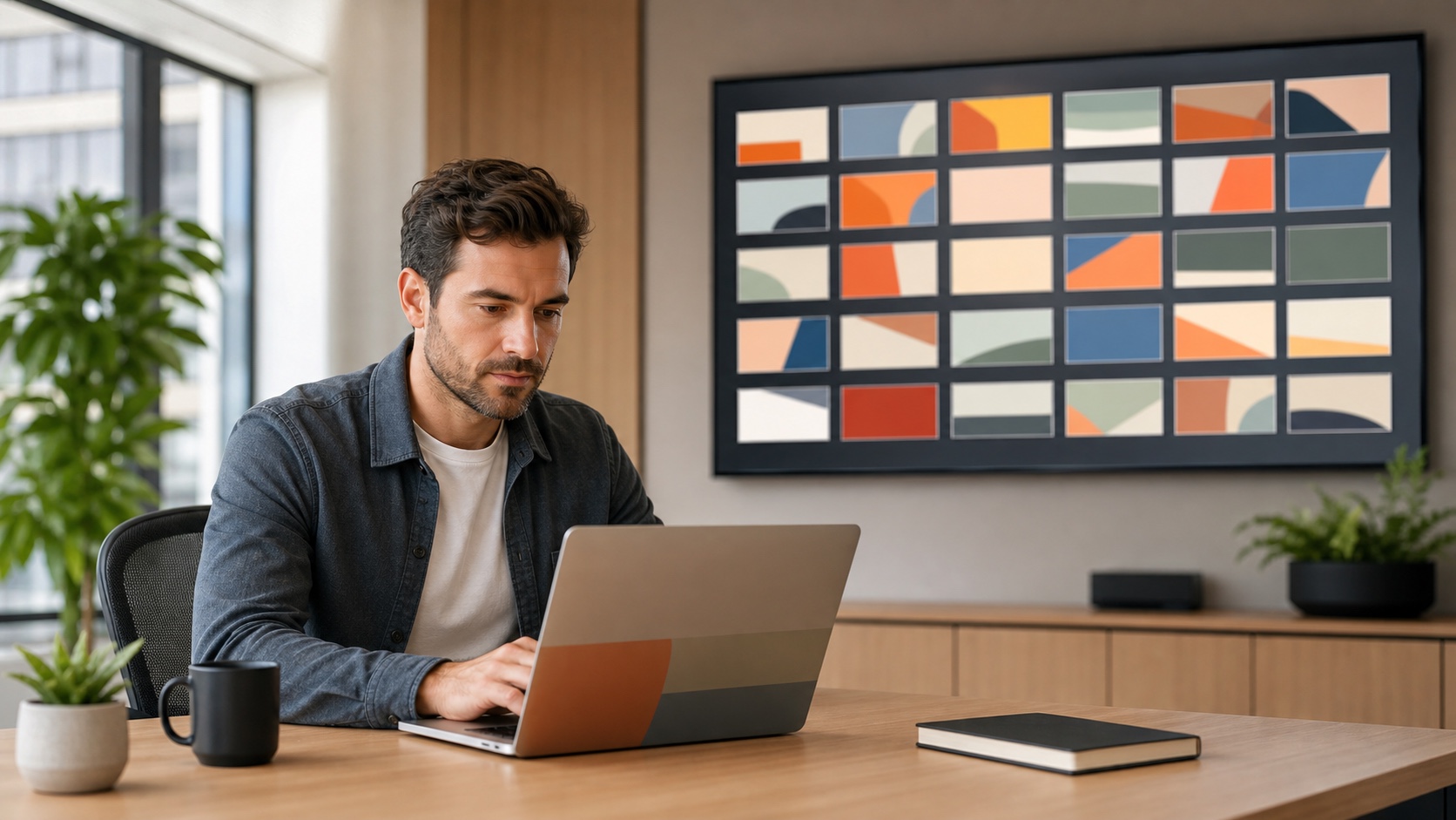 Pessoa publicando conteúdo pelo notebook em um escritório, com um monitor grande na parede mostrando miniaturas das telas da rede