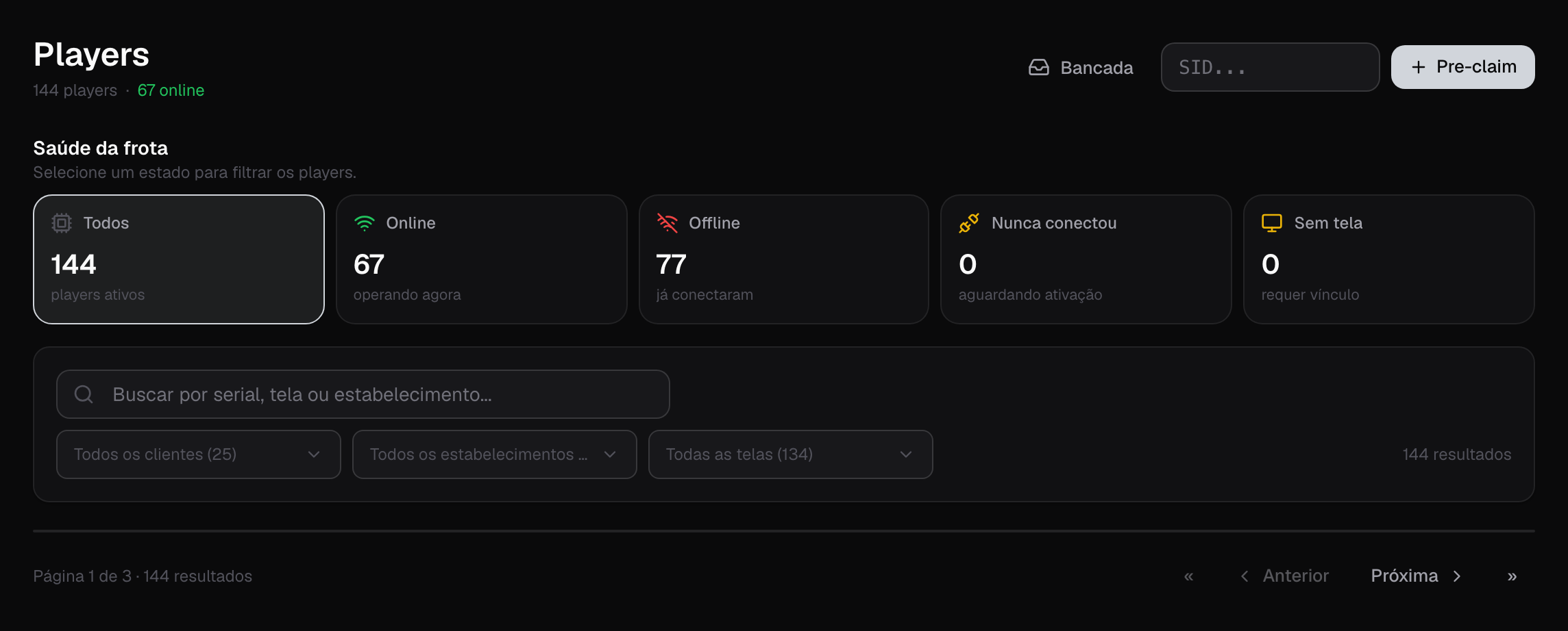 Painel da CriaTv com o resumo de saúde da frota de players, separando total, online, offline e aparelhos que nunca conectaram, com filtros por cliente, estabelecimento e tela