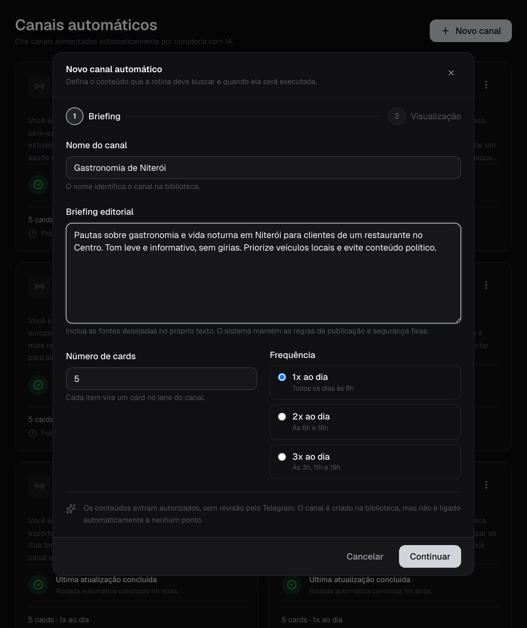 Formulário de criação de canal automático na CriaTv, com nome do canal, campo de briefing editorial preenchido, número de cards e as opções de frequência diária
