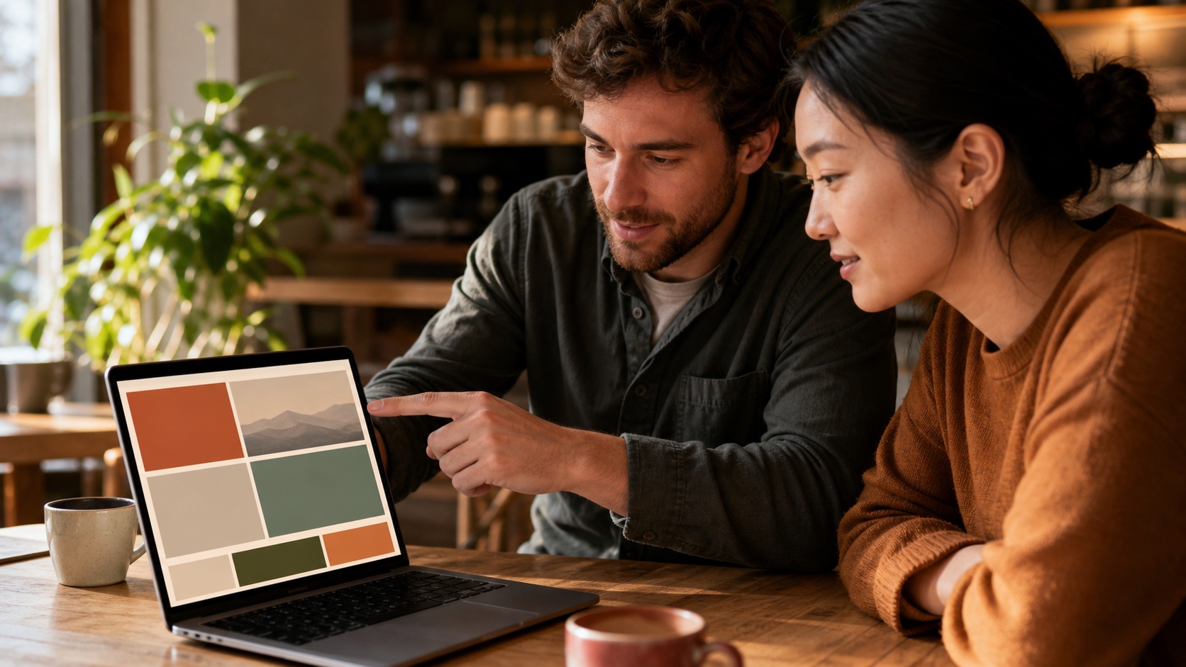 Duas pessoas revisando juntas o layout de um conteúdo na tela de um notebook, em uma mesa de café