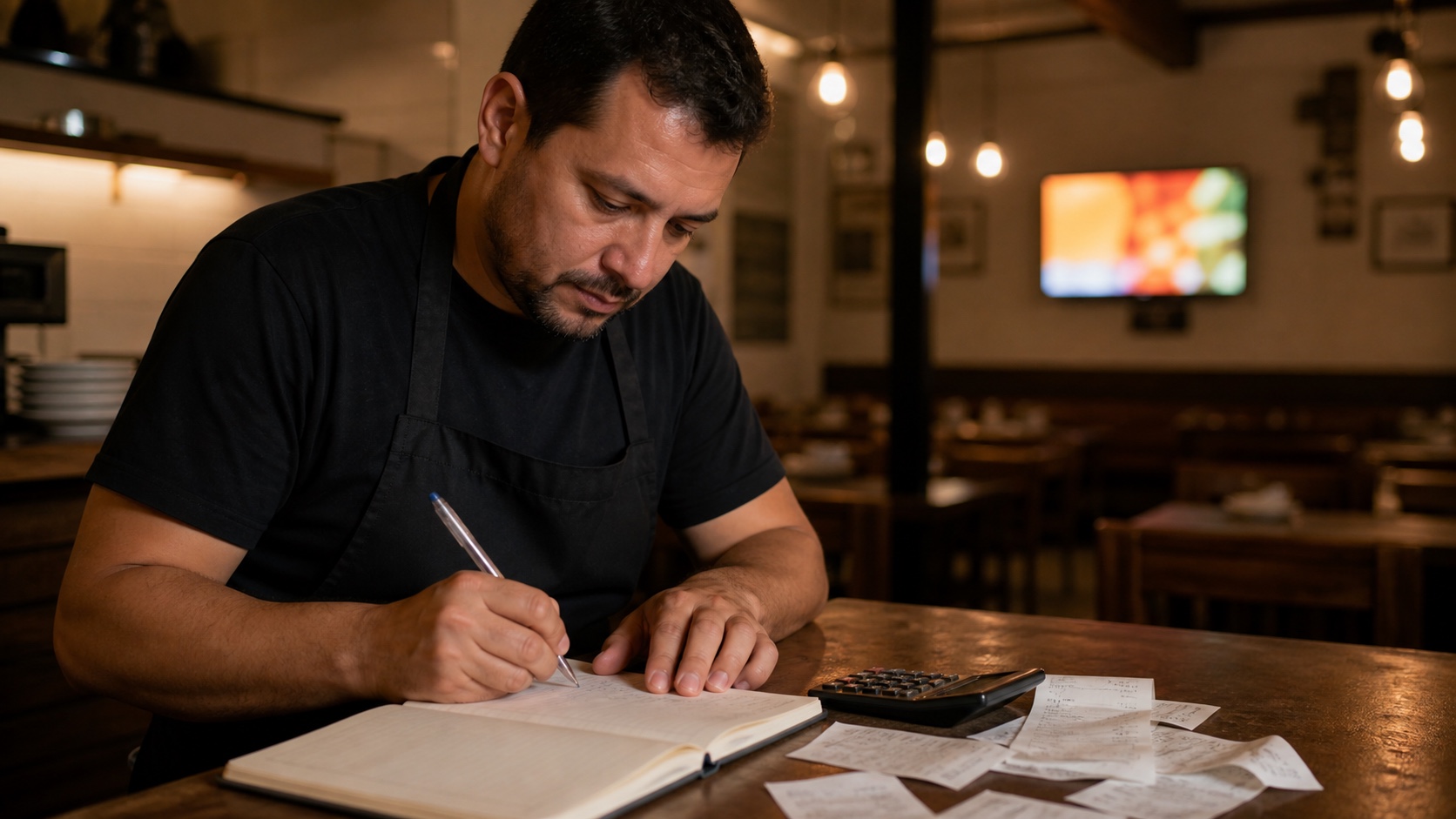 Dono de estabelecimento fazendo contas em um caderno sobre o balcão, com a TV do salão ao fundo