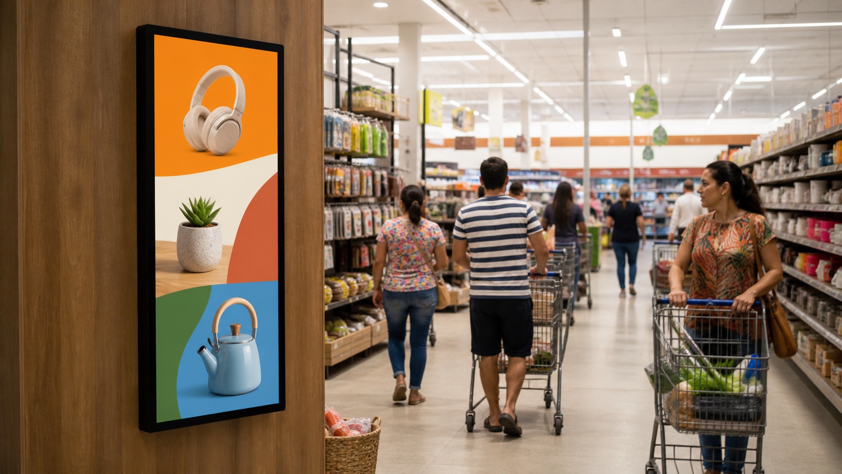 Tela em uma loja de varejo exibindo uma promoção enquanto clientes circulam pelo corredor