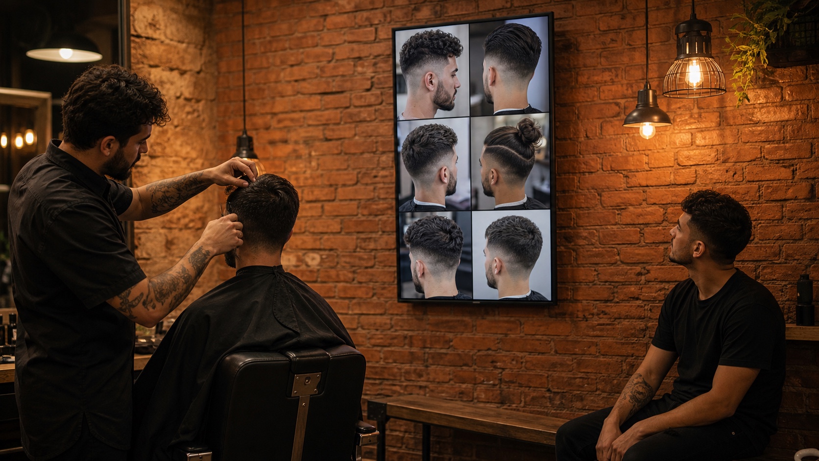 Tela vertical numa barbearia exibindo fotos de cortes prontos enquanto um cliente espera e outro é atendido